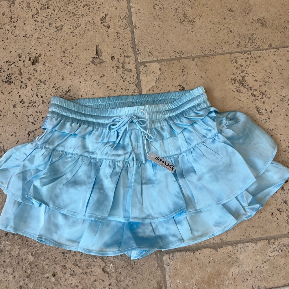 NWT SHUG! Ruffle 100% Silk Shorts Skort in Light Blue
